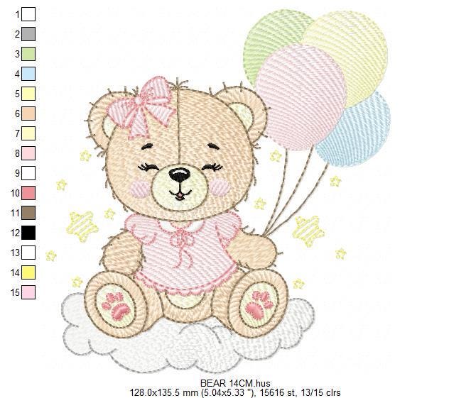Bear with balloons embroidery designs - Baby girl pink bow and cloud machine embroidery pattern - Birthday party - Instant digital download