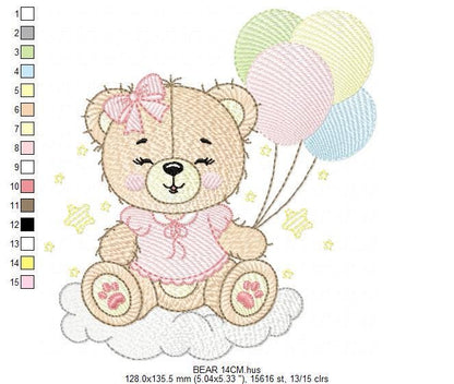 Bear with balloons embroidery designs - Baby girl pink bow and cloud machine embroidery pattern - Birthday party - Instant digital download