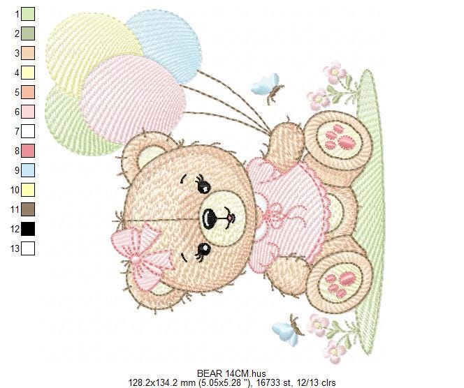 Bear with balloons embroidery designs - Baby girl with butterflies embroidery pattern - Birthday party - Instant digital download pes jef