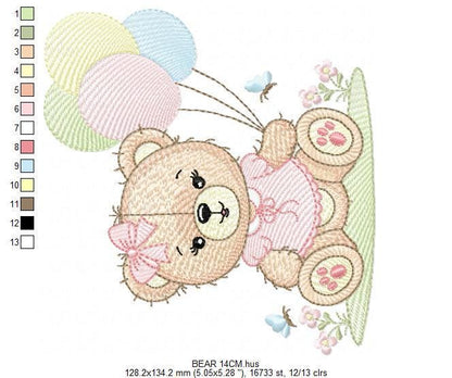 Bear with balloons embroidery designs - Baby girl with butterflies embroidery pattern - Birthday party - Instant digital download pes jef