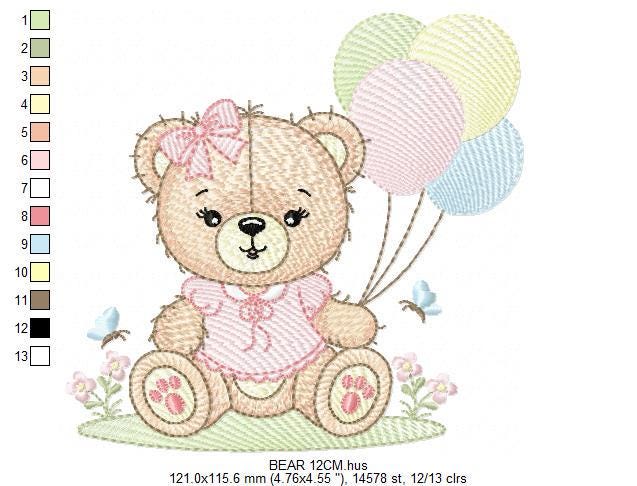 Bear with balloons embroidery designs - Baby girl with butterflies embroidery pattern - Birthday party - Instant digital download pes jef