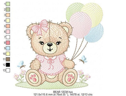 Bear with balloons embroidery designs - Baby girl with butterflies embroidery pattern - Birthday party - Instant digital download pes jef