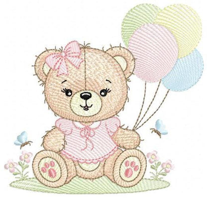 Bear with balloons embroidery designs - Baby girl with butterflies embroidery pattern - Birthday party - Instant digital download pes jef