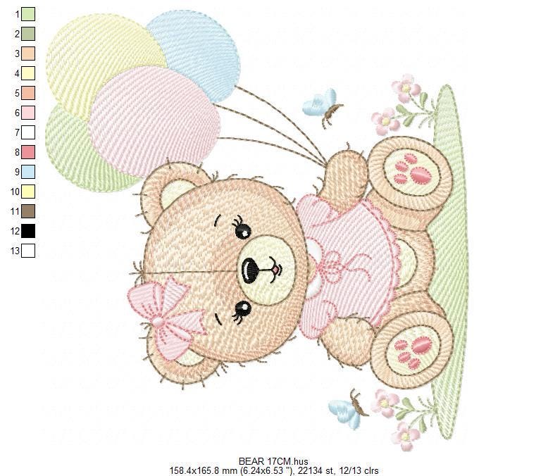 Bear with balloons embroidery designs - Baby girl with butterflies embroidery pattern - Birthday party - Instant digital download pes jef