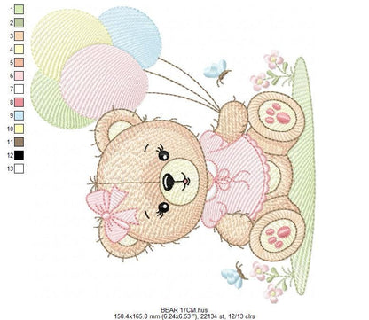 Bear with balloons embroidery designs - Baby girl with butterflies embroidery pattern - Birthday party - Instant digital download pes jef