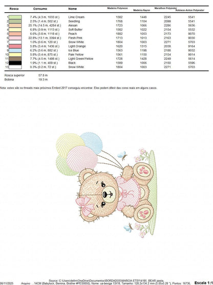 Bear with balloons embroidery designs - Baby girl with butterflies embroidery pattern - Birthday party - Instant digital download pes jef