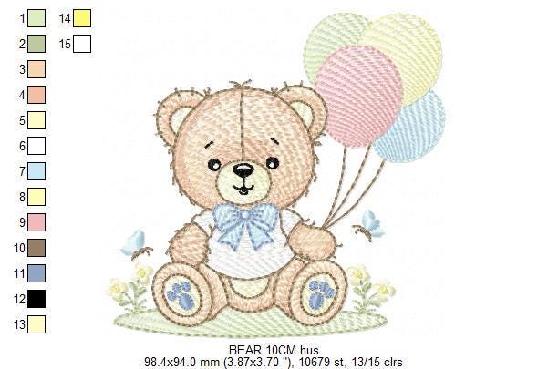 Bear with balloons embroidery designs - Baby Boy Bear with butterflies machine embroidery pattern - Birthday party - Instant download pes