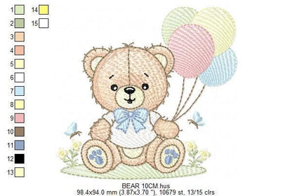 Bear with balloons embroidery designs - Baby Boy Bear with butterflies machine embroidery pattern - Birthday party - Instant download pes
