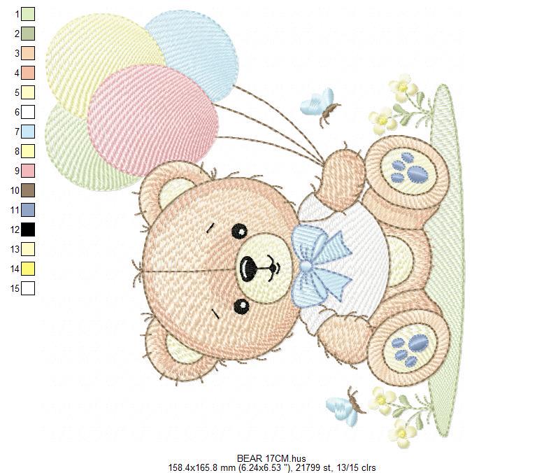 Bear with balloons embroidery designs - Baby Boy Bear with butterflies machine embroidery pattern - Birthday party - Instant download pes