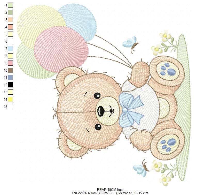 Bear with balloons embroidery designs - Baby Boy Bear with butterflies machine embroidery pattern - Birthday party - Instant download pes