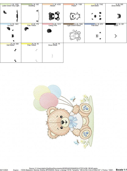 Bear with balloons embroidery designs - Baby Boy Bear with butterflies machine embroidery pattern - Birthday party - Instant download pes