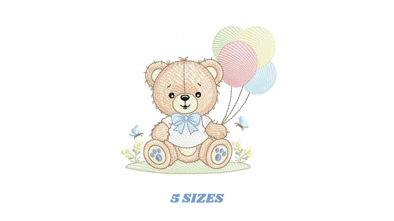 Bear with balloons embroidery designs - Baby Boy Bear with butterflies machine embroidery pattern - Birthday party - Instant download pes