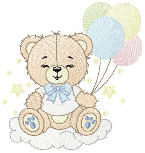 Bear with balloons embroidery designs - Baby Boy Bear with stars and cloud machine embroidery pattern - Birthday party - Instant download
