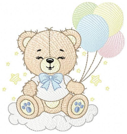 Bear with balloons embroidery designs - Baby Boy Bear with stars and cloud machine embroidery pattern - Birthday party - Instant download