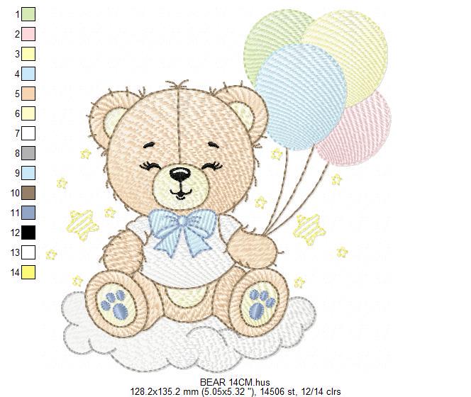 Bear with balloons embroidery designs - Baby Boy Bear with stars and cloud machine embroidery pattern - Birthday party - Instant download