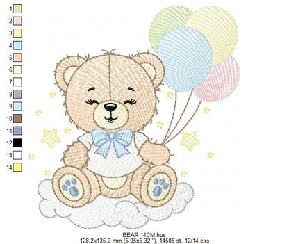 Bear with balloons embroidery designs - Baby Boy Bear with stars and cloud machine embroidery pattern - Birthday party - Instant download