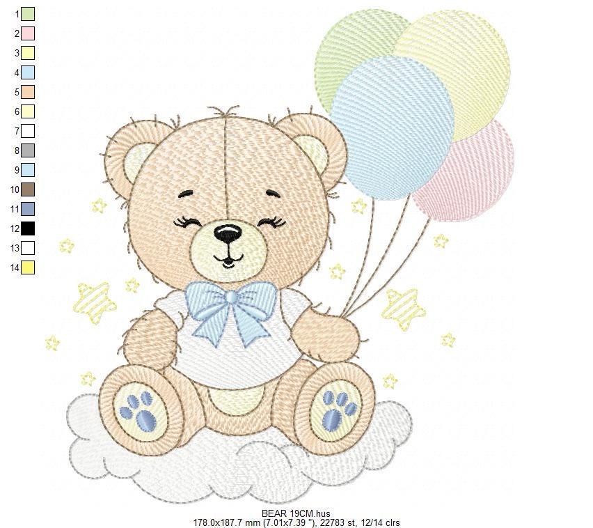 Bear with balloons embroidery designs - Baby Boy Bear with stars and cloud machine embroidery pattern - Birthday party - Instant download