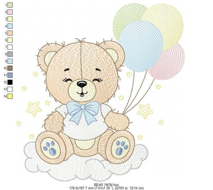 Bear with balloons embroidery designs - Baby Boy Bear with stars and cloud machine embroidery pattern - Birthday party - Instant download