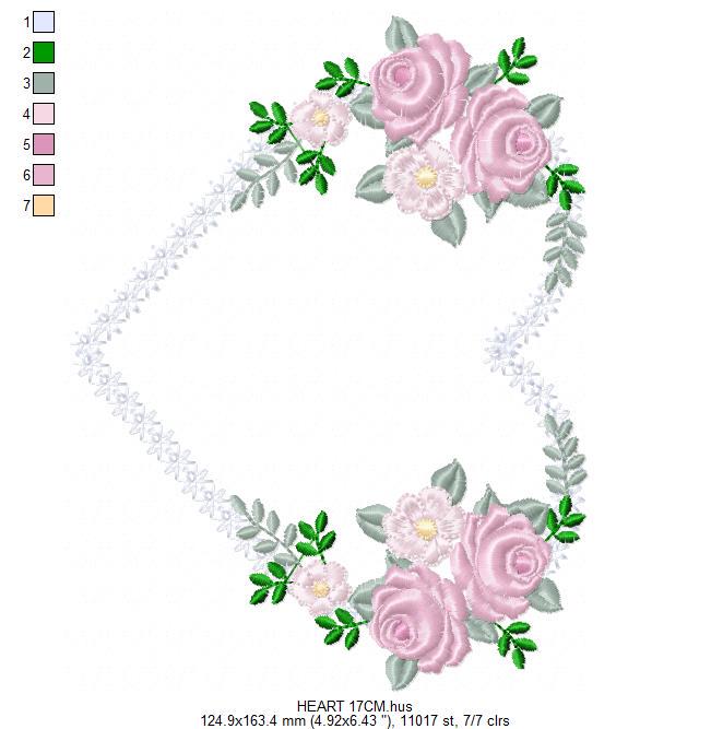 Heart with flowers embroidery designs - Flower heart frame machine embroidery pattern - Baby girl file - Instant digital download pes jef