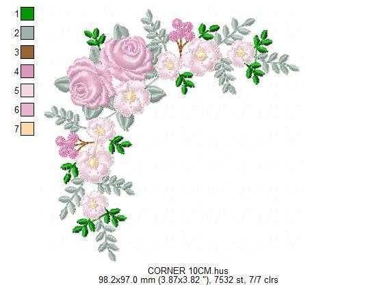 Roses Corner embroidery designs - Flower laurel machine embroidery pattern - Floral Frame embroidery file - Instant digital download pes jef