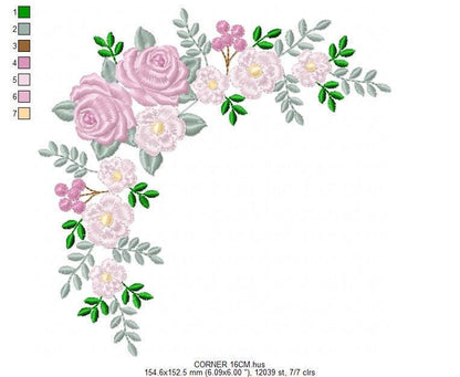 Roses Corner embroidery designs - Flower laurel machine embroidery pattern - Floral Frame embroidery file - Instant digital download pes jef