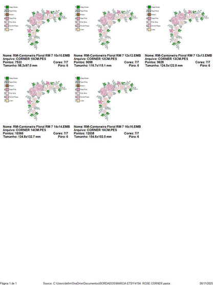 Roses Corner embroidery designs - Flower laurel machine embroidery pattern - Floral Frame embroidery file - Instant digital download pes jef