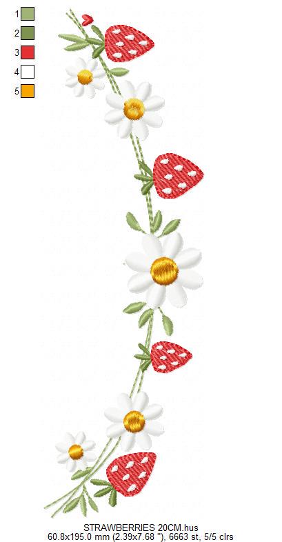 Daisies and Strawberries line embroidery designs - Flower Divider machine embroidery pattern - Floral Kitchen towel - Instant download pes