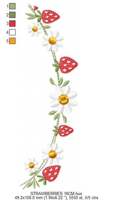 Daisies and Strawberries line embroidery designs - Flower Divider machine embroidery pattern - Floral Kitchen towel - Instant download pes