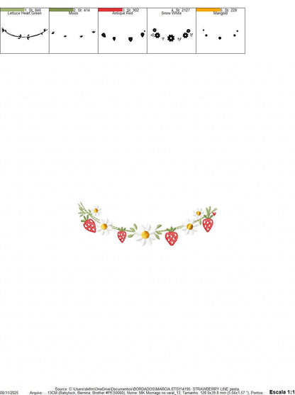 Daisies and Strawberries line embroidery designs - Flower Divider machine embroidery pattern - Floral Kitchen towel - Instant download pes