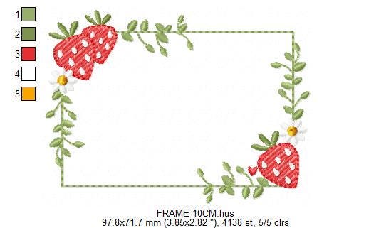 Monogram Frame with daisies and strawberries embroidery designs - Flower Square Frame machine pattern - Kitchen Towel - Instant download pes