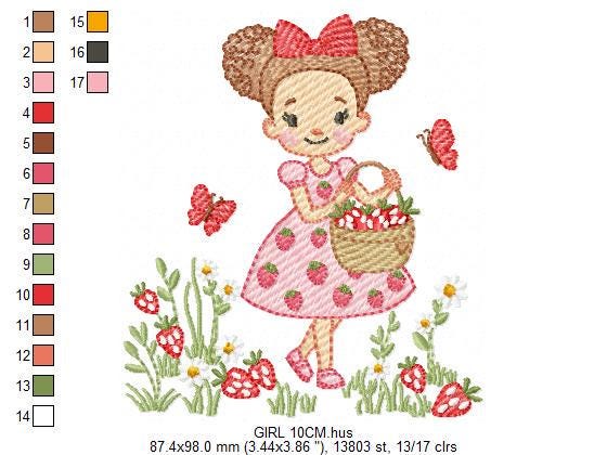 Baby girl princess with daisies embroidery designs - Girl with curly long hair braids and strawberries machine pattern - Instant download