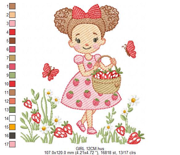 Baby girl princess with daisies embroidery designs - Girl with curly long hair braids and strawberries machine pattern - Instant download