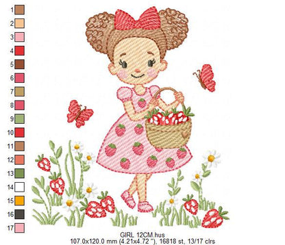 Baby girl princess with daisies embroidery designs - Girl with curly long hair braids and strawberries machine pattern - Instant download