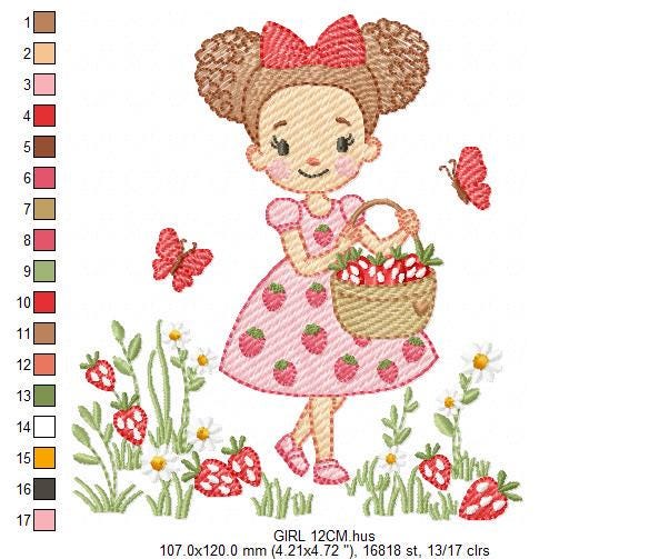 Baby girl princess with daisies embroidery designs - Girl with curly long hair braids and strawberries machine pattern - Instant download pes jef dst