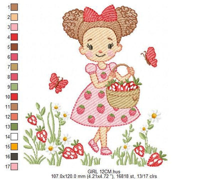 Baby girl princess with daisies embroidery designs - Girl with curly long hair braids and strawberries machine pattern - Instant download pes jef dst