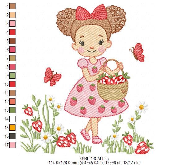 Baby girl princess with daisies embroidery designs - Girl with curly long hair braids and strawberries machine pattern - Instant download