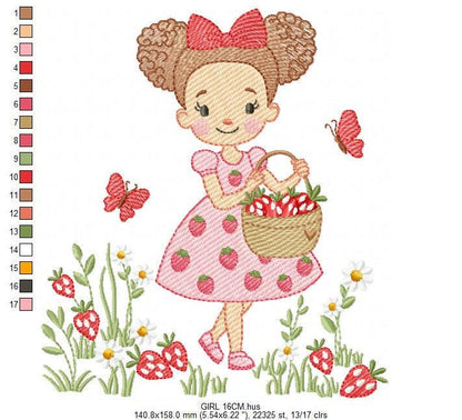 Baby girl princess with daisies embroidery designs - Girl with curly long hair braids and strawberries machine pattern - Instant download