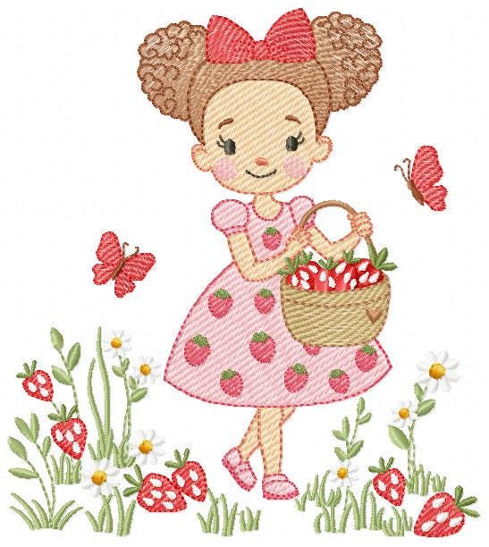 Baby girl princess with daisies embroidery designs - Girl with curly long hair braids and strawberries machine pattern - Instant download