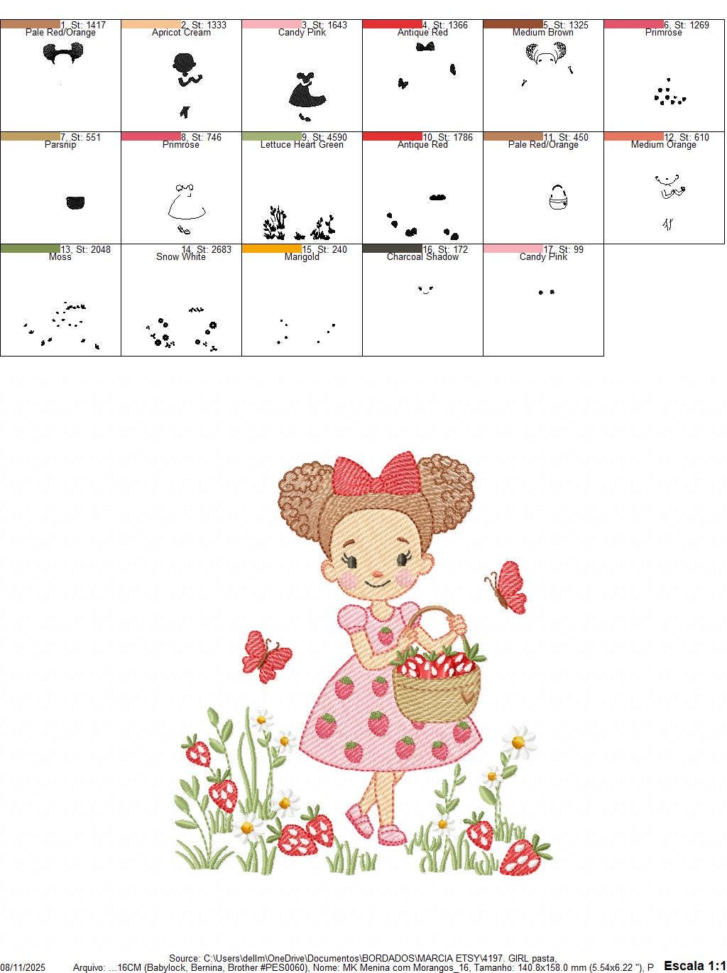 Baby girl princess with daisies embroidery designs - Girl with curly long hair braids and strawberries machine pattern - Instant download