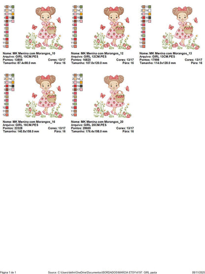 Baby girl princess with daisies embroidery designs - Girl with curly long hair braids and strawberries machine pattern - Instant download