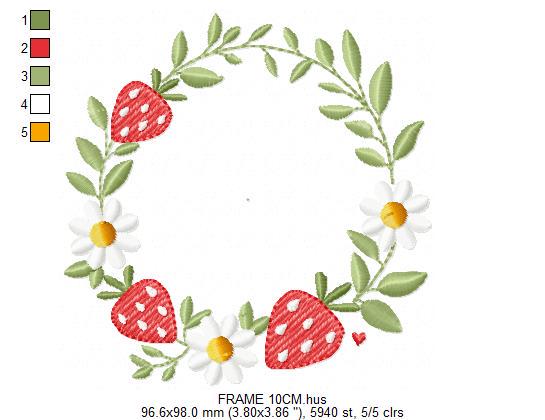 Monogram Frame with daisies and strawberries embroidery designs - Flower Laurel wreath machine embroidery pattern - Instant download pes jef