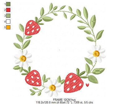 Monogram Frame with daisies and strawberries embroidery designs - Flower Laurel wreath machine embroidery pattern - Instant download pes jef
