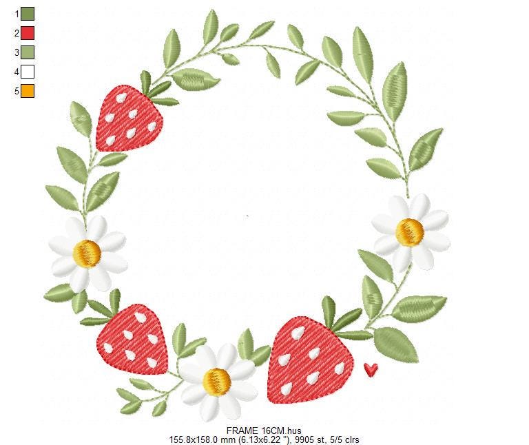 Monogram Frame with daisies and strawberries embroidery designs - Flower Laurel wreath machine embroidery pattern - Instant download pes jef