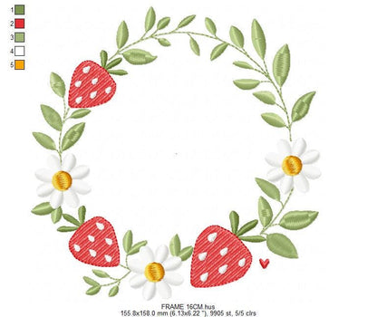 Monogram Frame with daisies and strawberries embroidery designs - Flower Laurel wreath machine embroidery pattern - Instant download pes jef