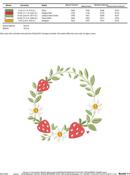 Monogram Frame with daisies and strawberries embroidery designs - Flower Laurel wreath machine embroidery pattern - Instant download pes jef