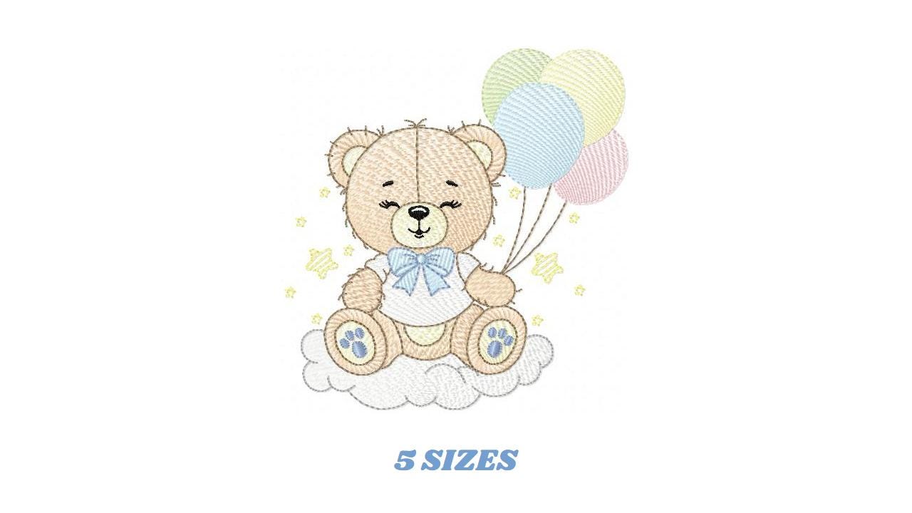 Bear with balloons embroidery designs - Baby Boy Bear with stars and cloud machine embroidery pattern - Birthday party - Instant download