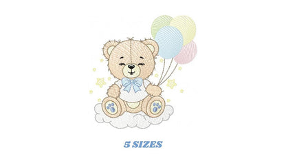 Bear with balloons embroidery designs - Baby Boy Bear with stars and cloud machine embroidery pattern - Birthday party - Instant download