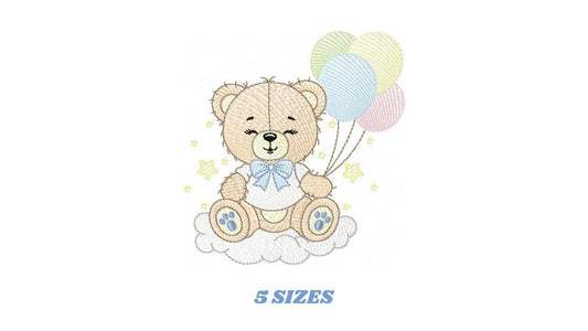 Bear with balloons embroidery designs - Baby Boy Bear with stars and cloud machine embroidery pattern - Birthday party - Instant download
