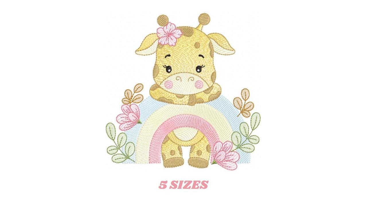 Giraffe embroidery designs - Safari wild animal machine embroidery pattern - Baby girl rainbow and flowers file - Instant download pes jef