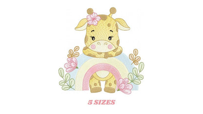 Giraffe embroidery designs - Safari wild animal machine embroidery pattern - Baby girl rainbow and flowers file - Instant download pes jef